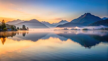 Fototapeta premium Serene lake at dawn with misty mountains in Tegernsee, peaceful, mist, peaceful