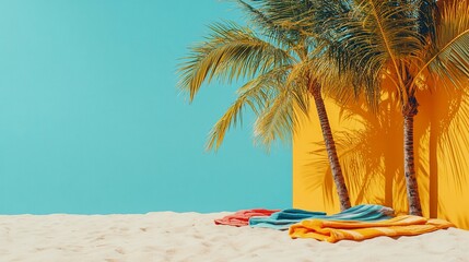 Obraz premium Tropical Beach Paradise: Palm Trees, Colorful Towels, and Vivid Summer Vibes
