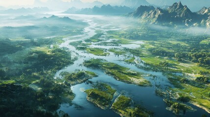Aerial View of Serene River Winding Through Lush Green Valley and Majestic Mountains