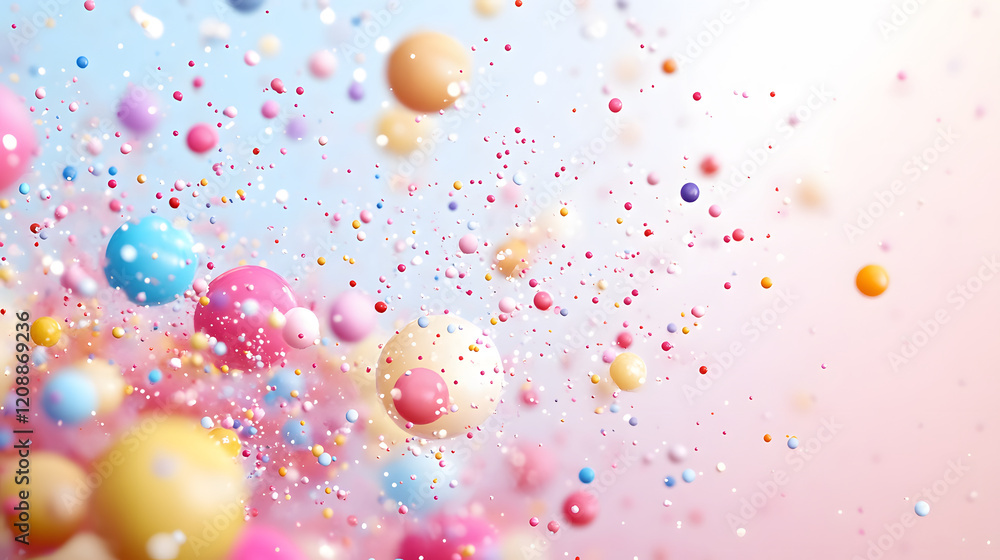 Aufkleber A vibrant explosion of colorful spheres and sparkles against a soft gradient background, creating a festive and lively atmosphere