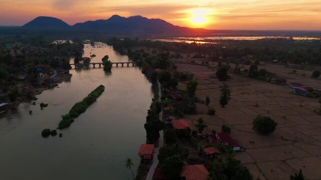 Aerial Laos sunset of Don det and 4000 islands Mekong river travel holiday destination 