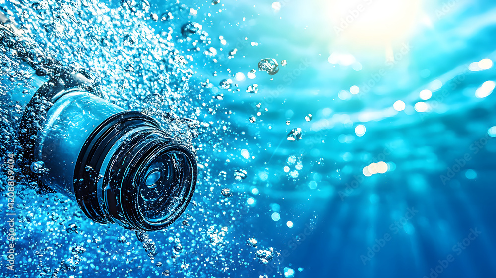 Poster a camera lens submerged underwater, surrounded by bubbles and illuminated by sunlight, creating a se