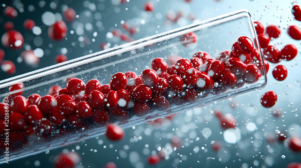 Poster a close-up view of red spheres in a test tube, surrounded by a sparkling mist, suggesting a scientif