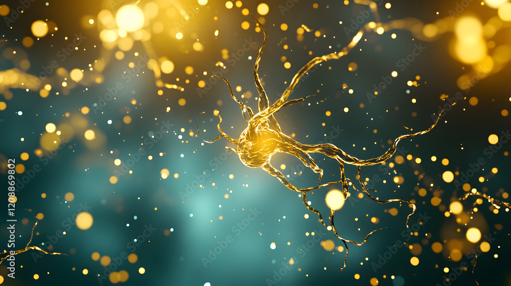 Poster A vibrant depiction of interconnected neurons glimmering with golden light against a blurred blue backdrop, symbolizing the complexity of neural activity