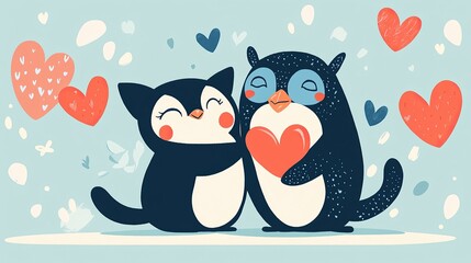Naklejka premium Animal Pair Icons Lovebirds and Penguins, Valentine’s Day, valentine Icon