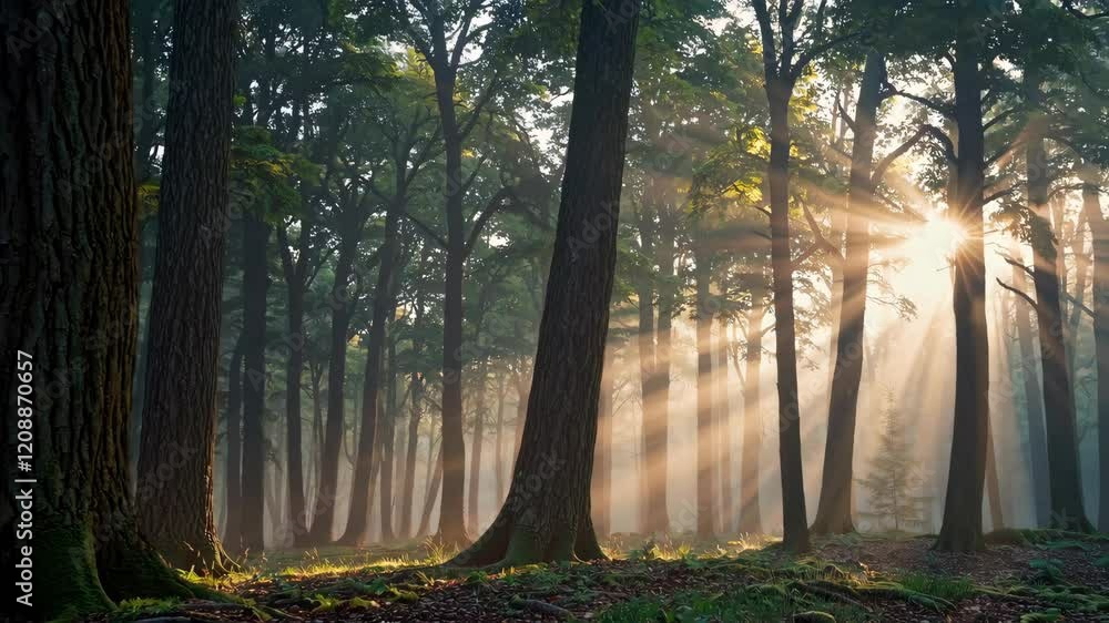 Poster sunlight streaming through forest trees creating serene atmosphere, natural landscape concept