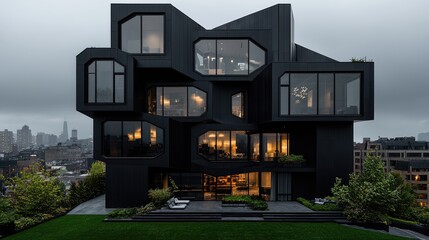 Obraz premium Modern black modular house with glowing geometric windows stands on a hillside overlooking a city skyline under an overcast sky.