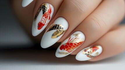 Nail polish design, art and trends: Pearl white nails with intricate hand-painted koi fish designs, blending Asian-inspired art with contemporary nail trends.