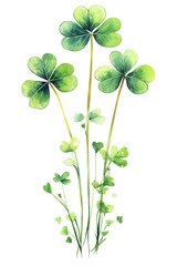 Watercolor Painting of Three Shamrocks and Smaller Leaves