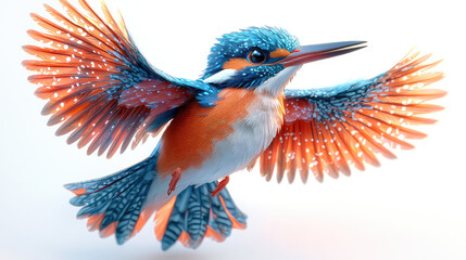 Obraz premium Vibrant kingfisher in flight, showcasing detailed plumage and wings spread wide against a white background.