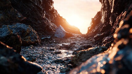 Sunset view through a rocky canyon.