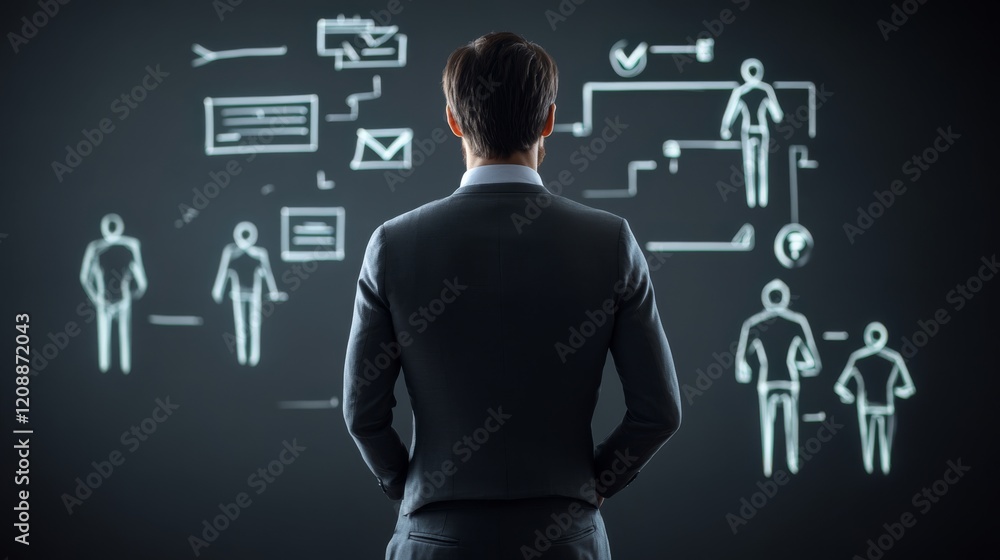 Aufkleber a business professional analyzes digital data and workflow, standing before a screen filled with var