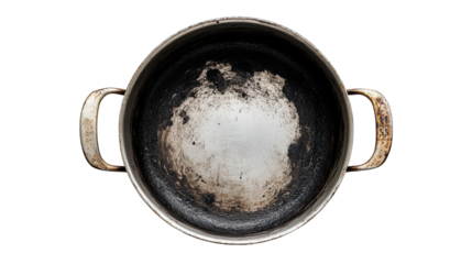 A worn cooking pot with a stained interior, showcasing signs of heavy use and wear.