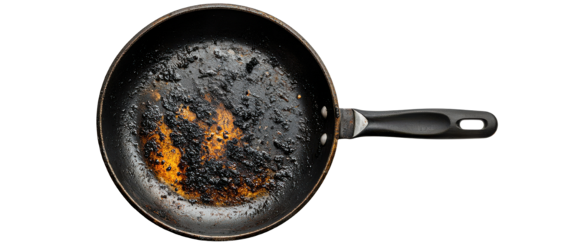 A burnt frying pan with blackened residue and a hint of orange, showcasing its damaged surface.