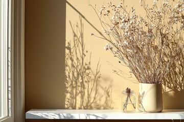Cozy Flower Arrangement in Elegant White Vase Casting Soft Shadows on Textured Wall with Natural Light Emphasizing interior Design
