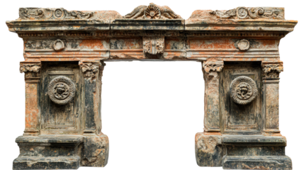 Ancient architectural monument featuring detailed carvings in a historical site isolated on transparent background