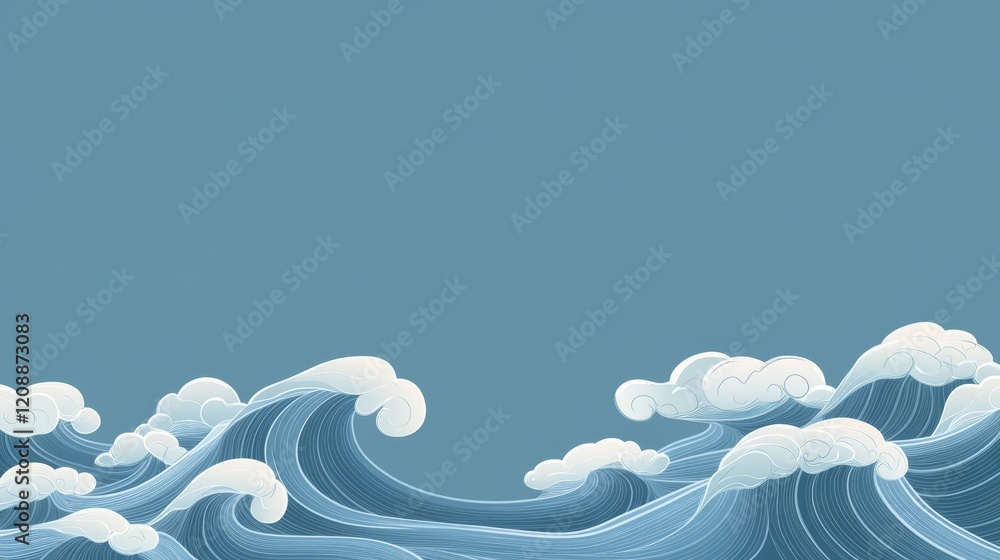 Poster artistic waves in ocean with blue background and soft clouds