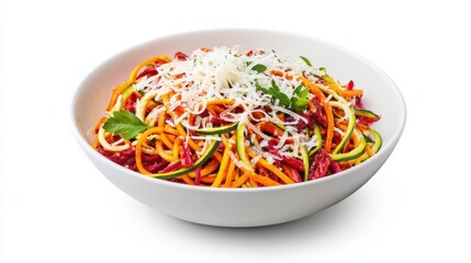 A bowl of colorful veggie noodles with spiralized zucchini, carrots, and beets topped with marinara sauce and grated Parmesan cheese