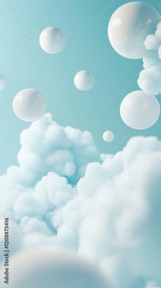 Poster soft blue clouds with floating white bubbles in abstract background