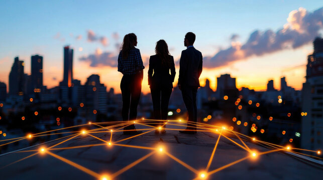 Empowered individuals standing on rooftop, overlooking city skyline at sunset, connected by glowing lines symbolizing networking and collaboration