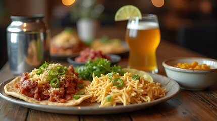 Savory Tostada Duo, a Vibrant Culinary Tapestry, featuring Tender Meats, Creamy Cheeses, Spicy Jalapenos, Paired with Refreshing Beer, Elevated Tabletop View, Soft Bokeh, Warm Restaurant Ambience