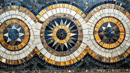 Mosaic art featuring geometric patterns and vibrant colors in a public space, showcasing intricate craftsmanship and design appeal