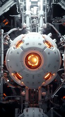 Digital technology orange and white space station ball poster background