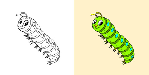 Colorful Cartoon Caterpillar Illustration with Coloring Page Version Included