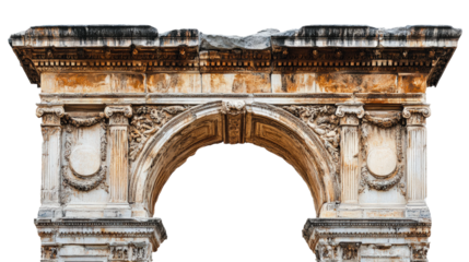 Historic stone archway showcasing intricate architectural design and ancient craftsmanship isolated on transparent background