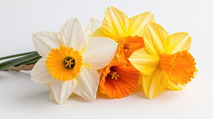 Obraz premium Fresh yellow and white daffodil flowers arranged on a clean white background in a bright studio setting.