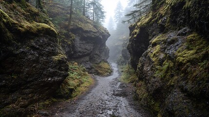 Obraz premium Misty forest trail through mossy canyon walls.