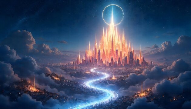 Glowing Cityscape Fantasy Art Magical Castle in Clouds