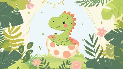 Adorable Baby Dinosaur Hatching from Egg in Cartoon Style Flat Vector Illustration