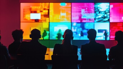 Silhouetted group watching vibrant video wall.