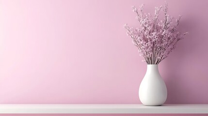 Pink flowers in a white vase against a pink wall