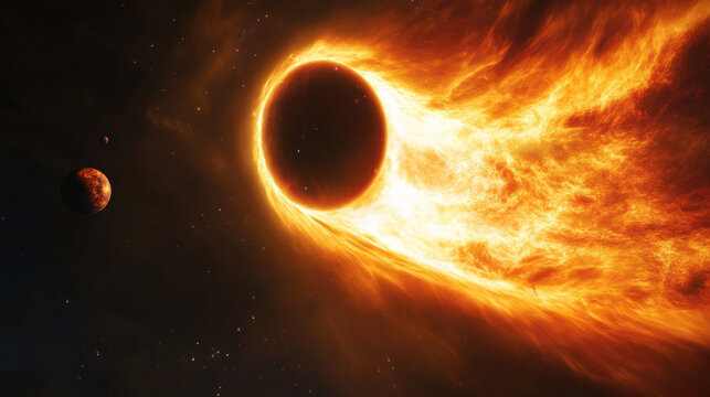 A dramatic view of a dying star in its final stages, planets around it engulfed in fiery light, glowing fragments of debris floating in space - Powered by Adobe