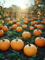 Sunlit pumpkin patch at harvest.