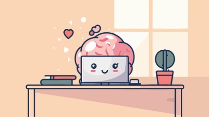 Brain Working with Laptop Flat Vector Illustration