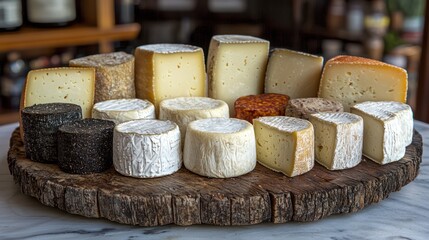A variety of cheeses displayed on a wooden platter, showcasing different textures and colors.