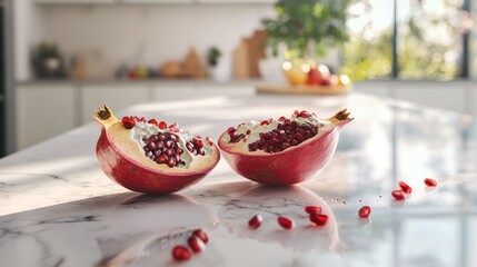 Two halves of a ripe pomegranate on a kitchen counter.