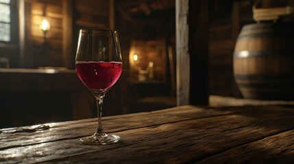 Red wine glass on rustic wooden table in cellar.