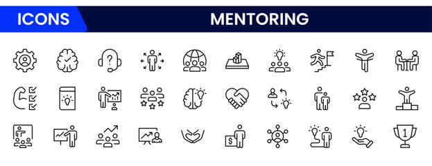 A set of line icons related to Mentoring. Mentor, training, skill, leadership, target, time, communication, plan, education, and so on. Vector outline icons set.