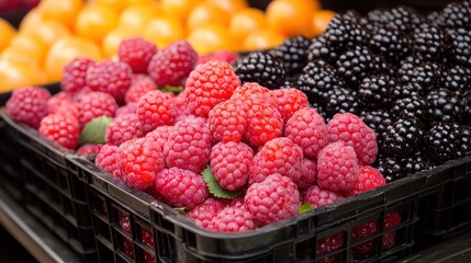 A vibrant display of fresh raspberries and blackberries in a market basket.