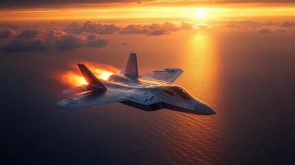 F-20 fighter jet soaring in the sky with a sunset backdrop, sleek and cinematic view