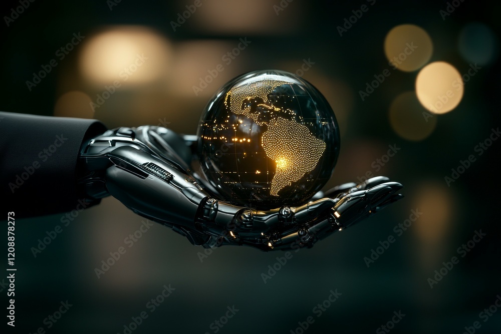 Poster robotic hand holding illuminated globe symbolizing global technology and connection