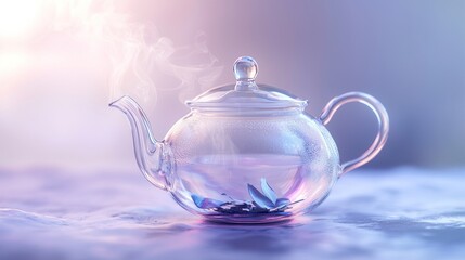 Glass teapot with steaming tea leaves.