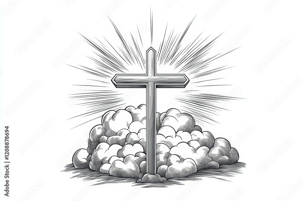 Aufkleber cross is drawn on a white background with clouds in the background