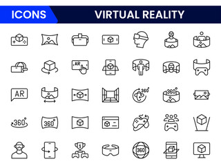 Virtual reality icon set. It contains VR, augmented reality, headset, immersive, mixed reality, AR, 360-degree, and more. Solid vector icons collection.