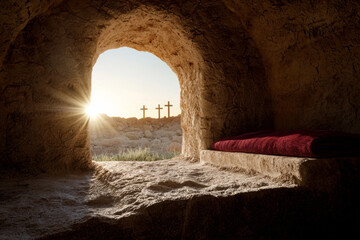 Sunrise view from tomb with crosses on hill - symbol of resurrection