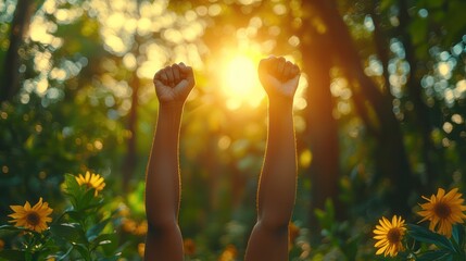 Arms raised in celebration amidst sunflowers and sunlight in a vibrant, natural setting.